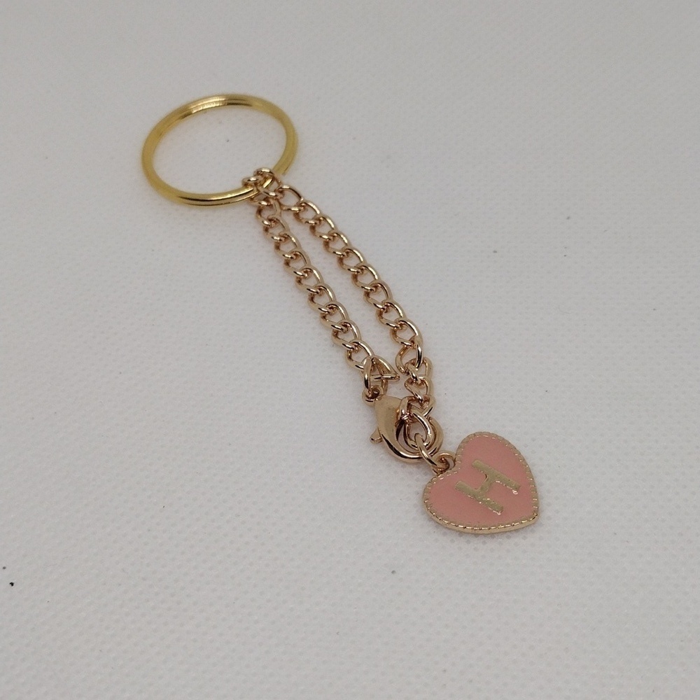 Personalized Gold & Pink Heart Keychain - Initial H Charm